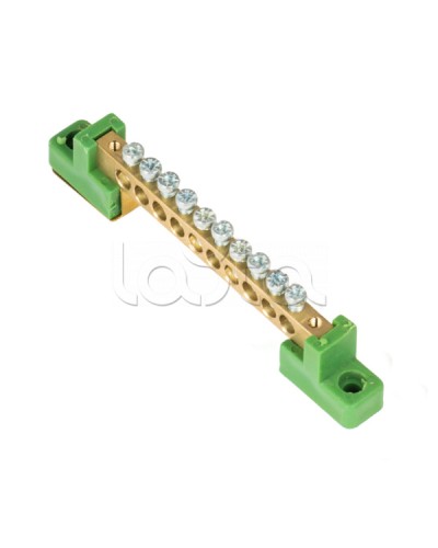 Шина 0 PE 6x9мм 10 отверстий латунь с контактной пластиной 2 зелёных угловых изолятора EKF (sn0-63-10-2-pe) в Октябрьском Клеммные колодки Pintop.ru