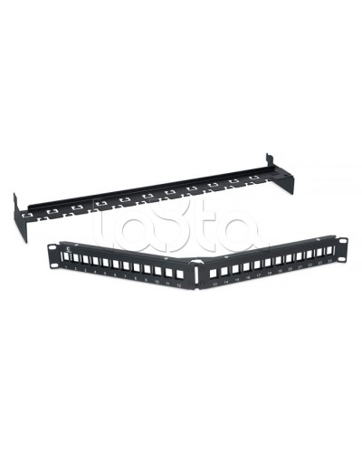 Патч-панель угловая модульная 19, 1U, 24 порта RJ-45, для неэкранированных модулей, с задним кабельным организатором (без модулей) Cabeus PLB-24-CON в Октябрьском Патч панель Pintop.ru