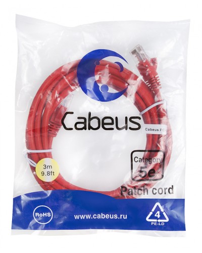 Патч-корд медный U/UTP кат.5е (3м) LSZH (красный) Cabeus (PC-UTP-RJ45-Cat.5e-3m-RD-LSZH) в Октябрьском Патч-корды и пигтейлы Pintop.ru
