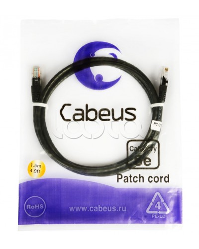 Патч-корд 2xRJ-45/8P8C U/UTP кат.5е (2 м) Cabeus PC-UTP-RJ45-CAT.5E-2M-BK в Октябрьском Патчкорды (медные) Pintop.ru