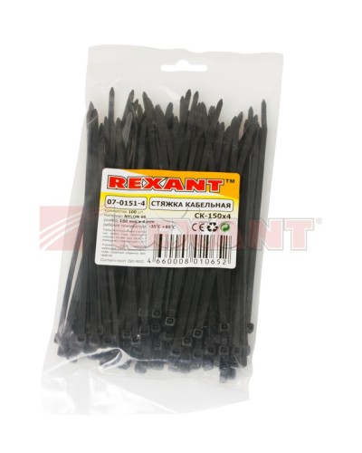 Хомут-стяжка нейлоновый 4х150 мм чёрный (100шт/уп) REXANT 07-0151-4 в Октябрьском Стяжки-хомуты Pintop.ru