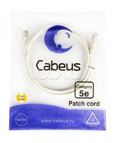 Шнур коммутационный RJ-45 кат.5е (1.5 м) Cabeus PC-UTP-RJ45-Cat.5e-1.5m-WH в Октябрьском Патчкорды (медные) Pintop.ru