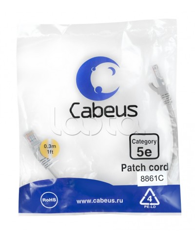 Патч-корд медный U/UTP кат.5е (0,3м) LSZH (белый) Cabeus (PC-UTP-RJ45-Cat.5e-0.3m-WH-LSZH) в Октябрьском Патчкорды (медные) Pintop.ru