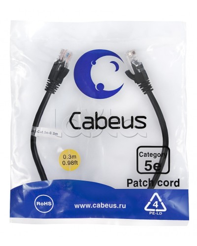 Патч-корд медный U/UTP кат.5е (0,3м) LSZH (черный) Cabeus (PC-UTP-RJ45-Cat.5e-0.3m-BK-LSZH) в Октябрьском Патчкорды (медные) Pintop.ru