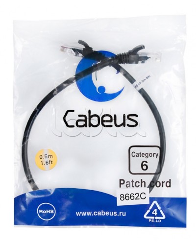 Патч-корд UTP, категория 6, 0.5 м, неэкранированный, черный Cabeus PC-UTP-RJ45-Cat.6-0.5m-BK в Октябрьском Патчкорды (медные) Pintop.ru