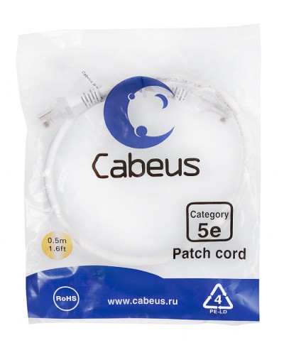 Патч-корд медный U/UTP кат.5е (0,5м) LSZH (белый) Cabeus (PC-UTP-RJ45-Cat.5e-0.5m-WH-LSZH) в Октябрьском Патчкорды (медные) Pintop.ru