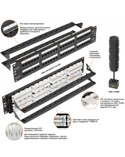 Патч-панель 19, 2U, 48xRJ45 NIKOMAX (NMC-RP48UE2-2U-BK) в Октябрьском Патч панель Pintop.ru
