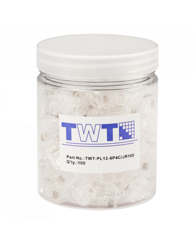 Коннектор RJ12 д/кабеля 4-ех контактный, 100 шт. в банке TWT-PL12-6P4C/JR100 в Октябрьском Коннекторы и разъемы Pintop.ru
